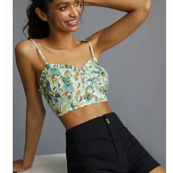 Anthropologie Crop Top 2 Piece Set Womens Large Green Floral Cotton Resort Wear - Picture 2 of 15